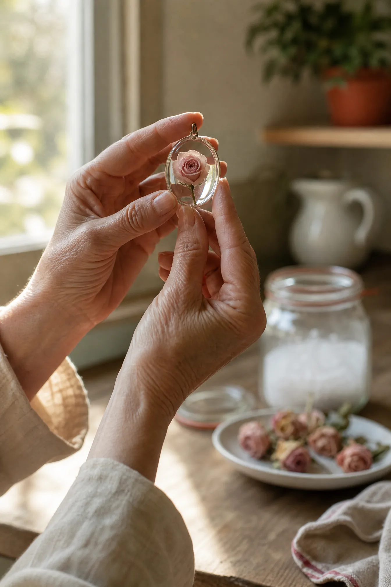 A preserved rose pendant held up to the window light
