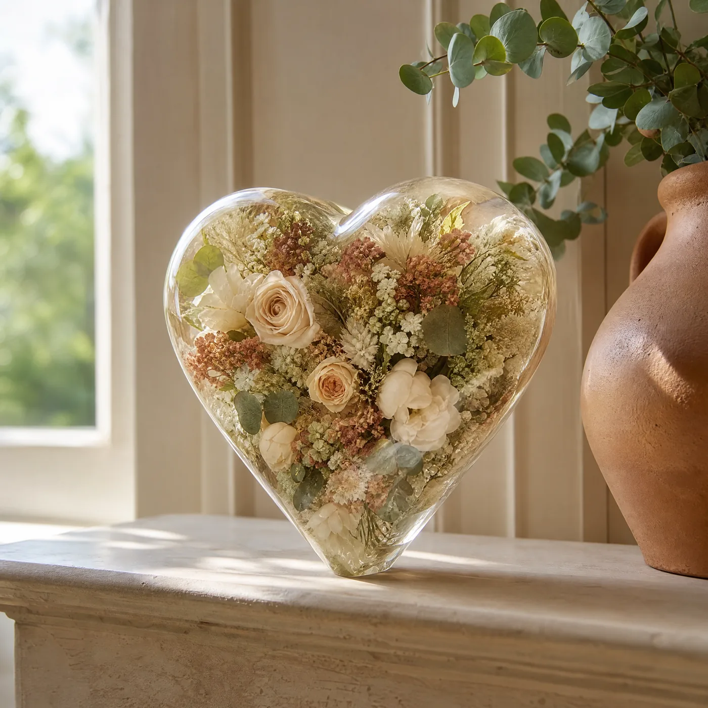 Large standing resin heart with a preserved bouquet