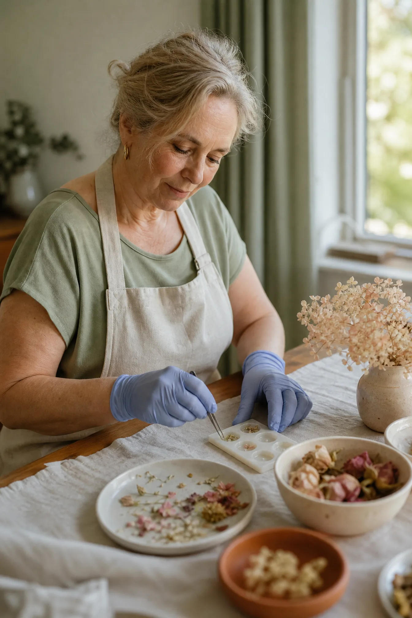 Woman finishing a resin keepsake at her table