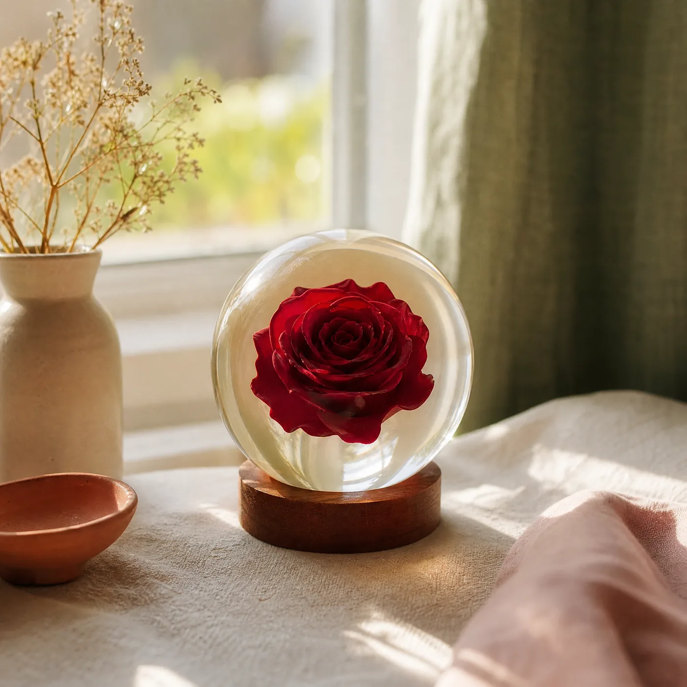 Resin globe with a single preserved rose